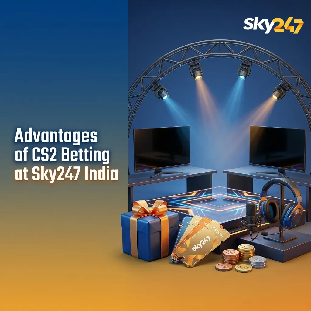 Infographic showing Sky247 India CS2 betting perks: local INR payments, bonuses, support, mobile app, and competitive odds