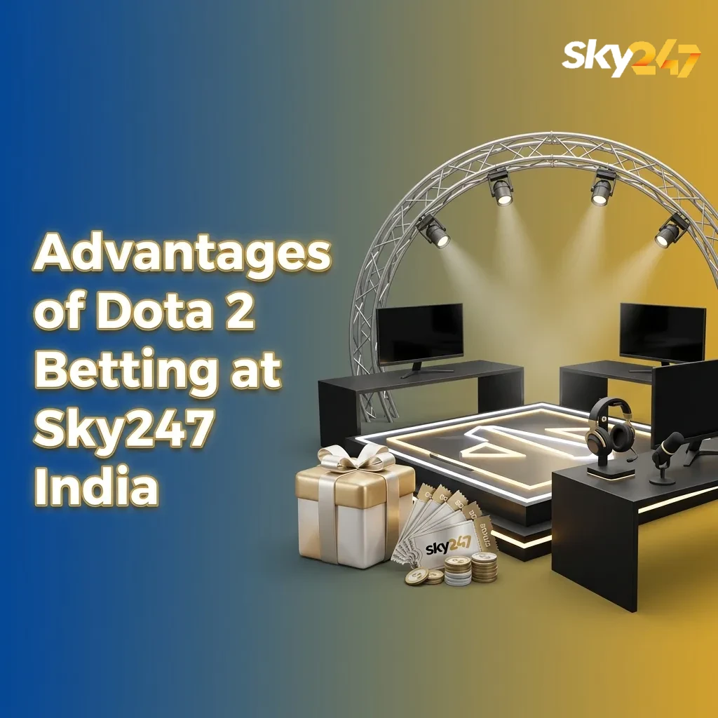Graphic showing “Advantages of Dota 2 Betting at Sky247 India” with icons for bonuses, INR payments, support, app, and odds