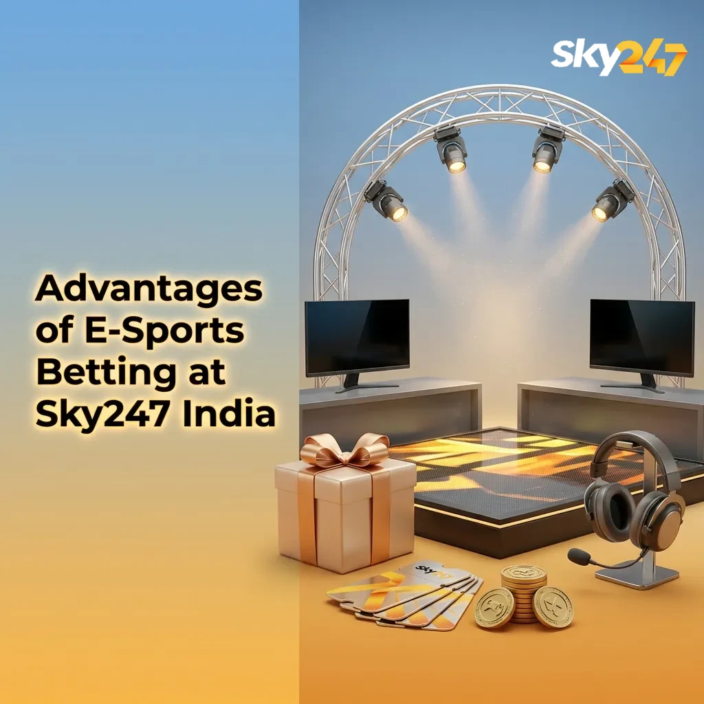 Infographic showing Sky247 India esports betting perks: cashback, INR payments, mobile app, high odds, 24/7 support
