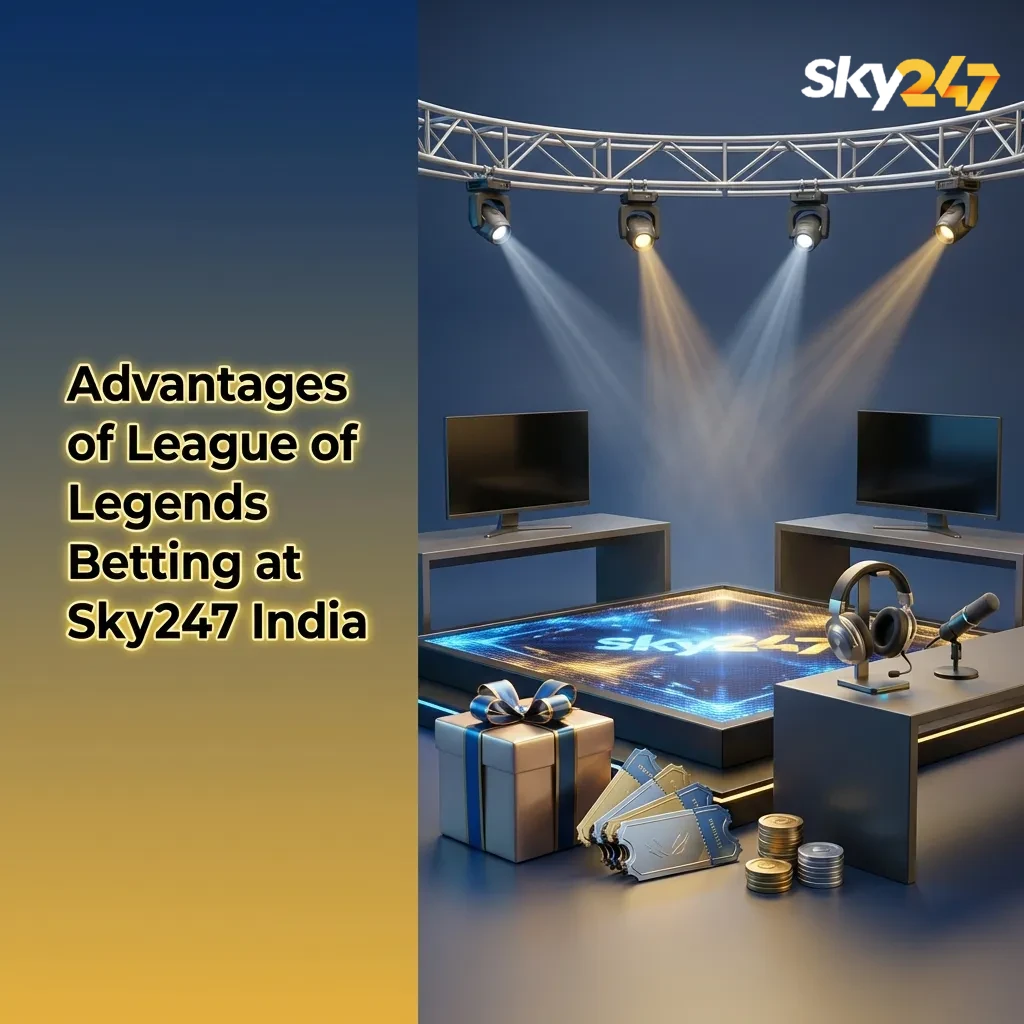 Infographic highlighting Sky247 India LoL betting perks: bonuses, INR payments, high odds, mobile app, and 24/7 support.