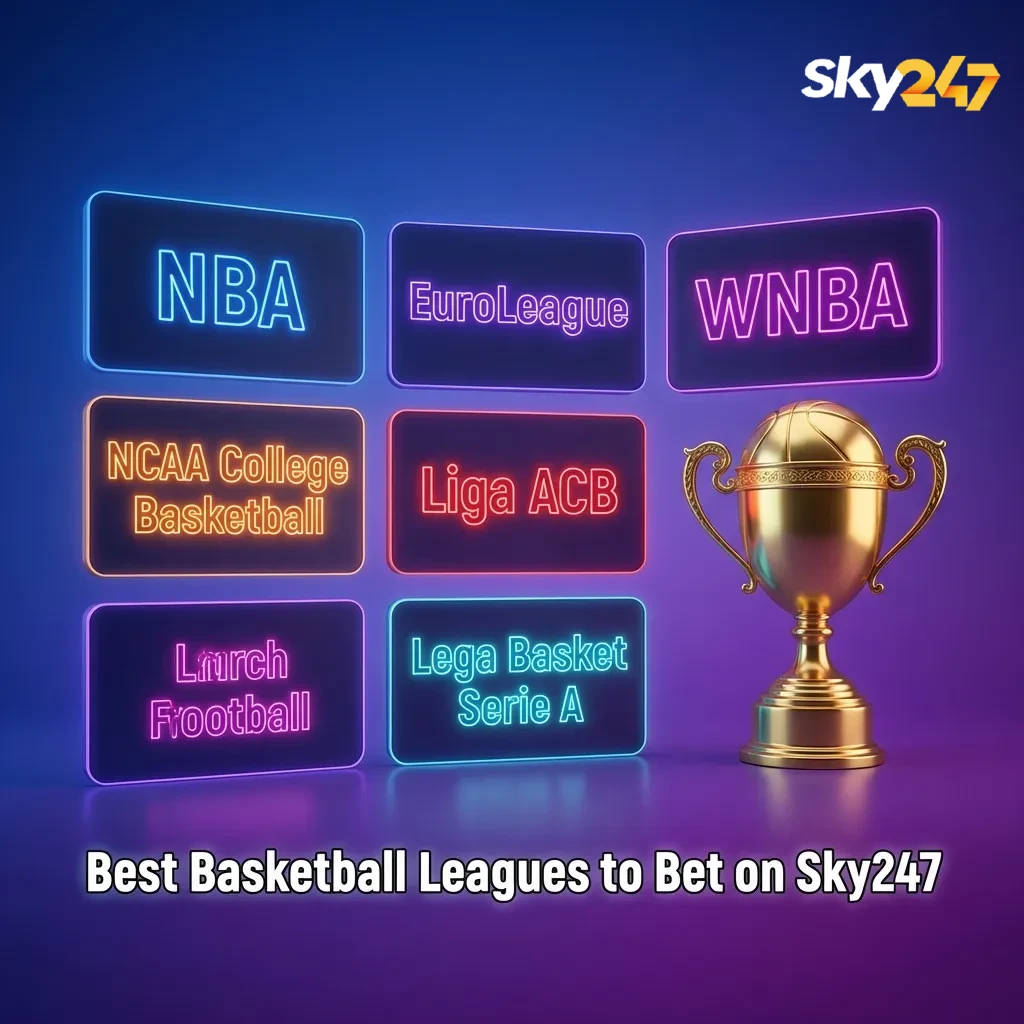 Graphic titled “Best Basketball Leagues to Bet on Sky247” showing logos of NBA, EuroLeague, FIBA, NCAA, NBL, and women’s leagues