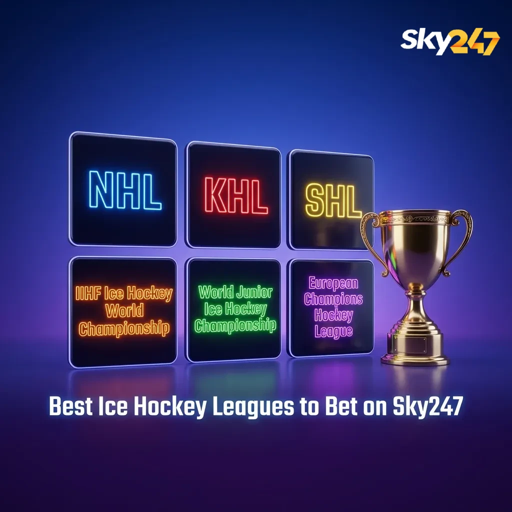 Graphic listing top ice hockey leagues to bet on Sky247, with logos and brief details for NHL, KHL, SHL, Liiga, NCAA and IIHF