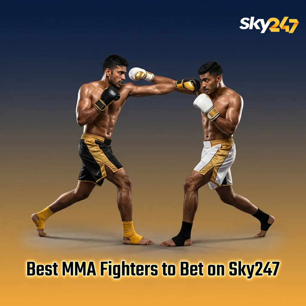 Graphic listing top MMA fighters to bet on at Sky247, featuring McGregor, Khabib, Adesanya, Jones, Volkanovski, Chimaev, Shevchenko