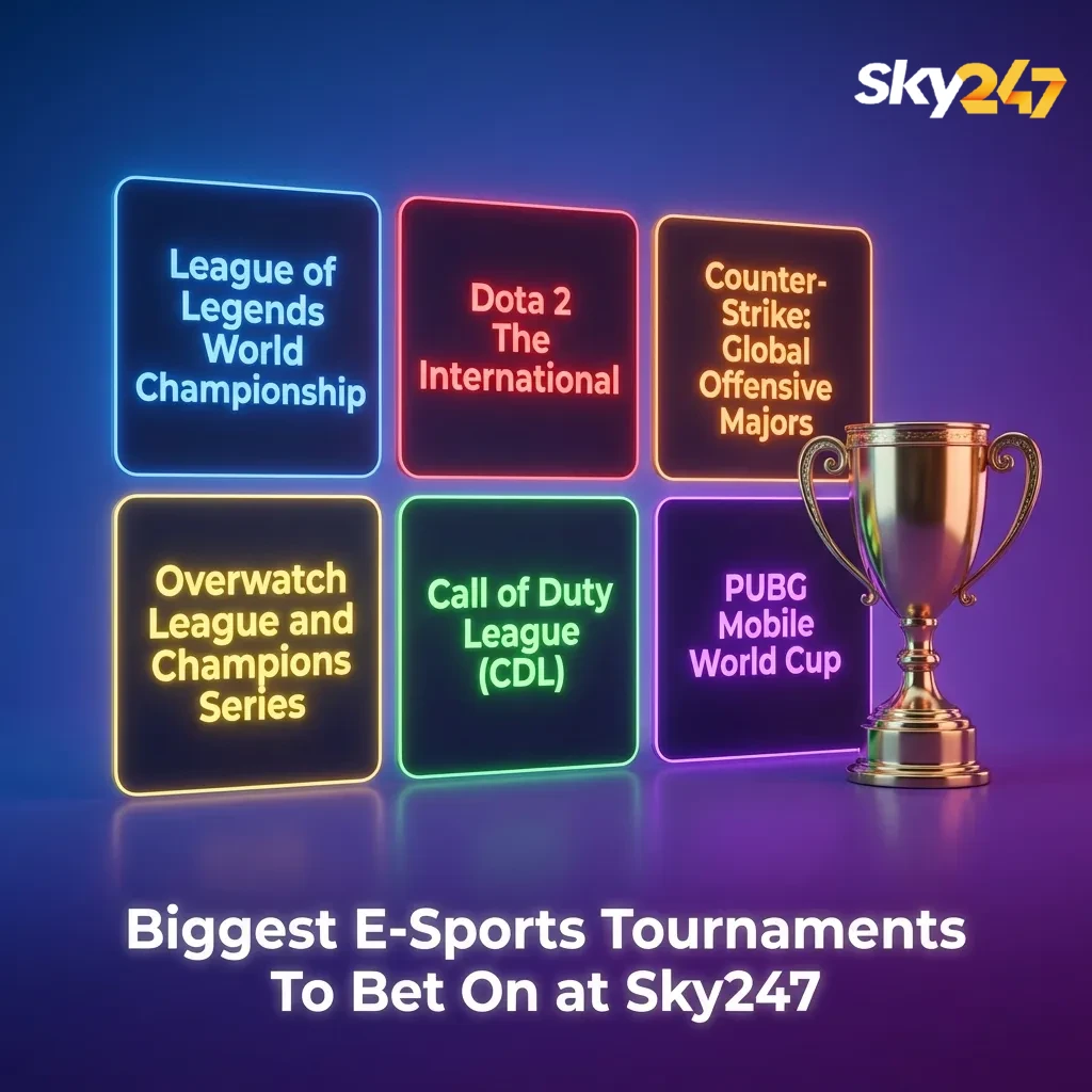 Table of major esports tournaments for Dota 2, CS2, LoL, Valorant, SC2, Overwatch 2 and Rainbow Six betting at Sky247.