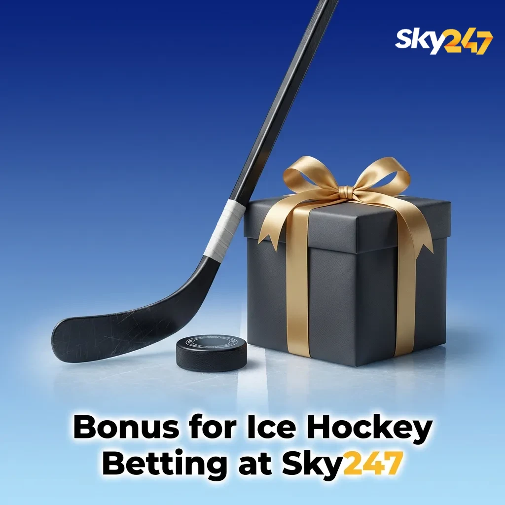 Banner promoting Sky247 sports welcome bonus for new users, highlighting ice hockey betting with bonus terms and wagering requirements.