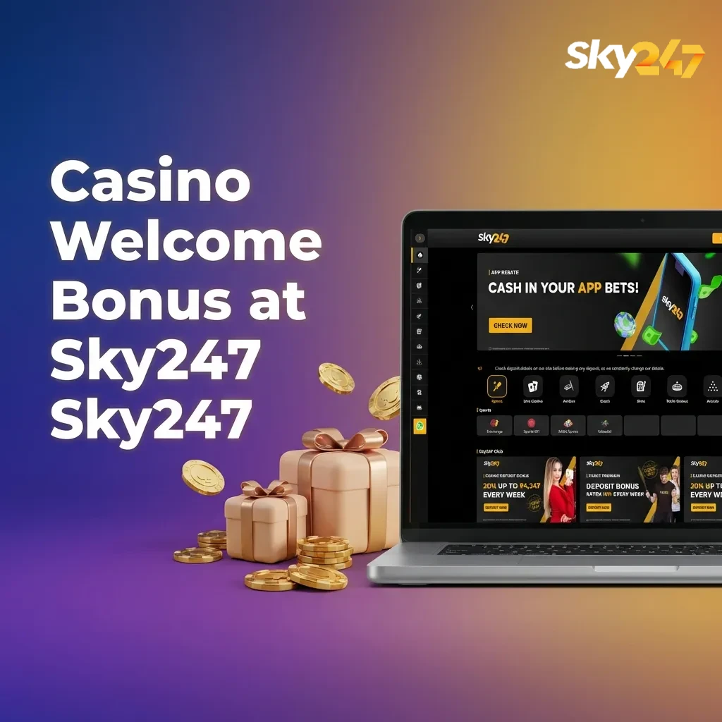 Sky247 India casino welcome bonus ad showing 24% live casino cashback up to ₹10,247 for new players