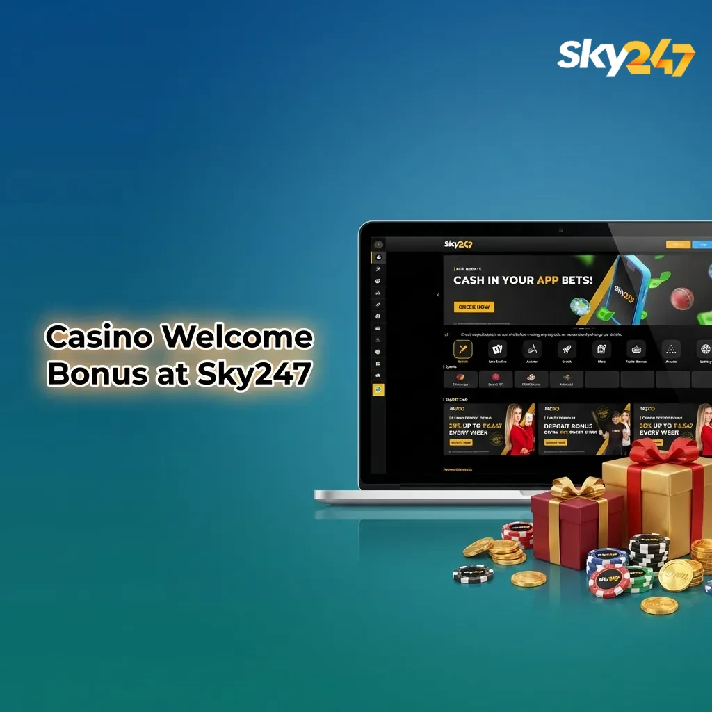 Sky247 casino welcome bonus offer for new India players with 24% cashback up to ₹10,247 displayed on a promo banner