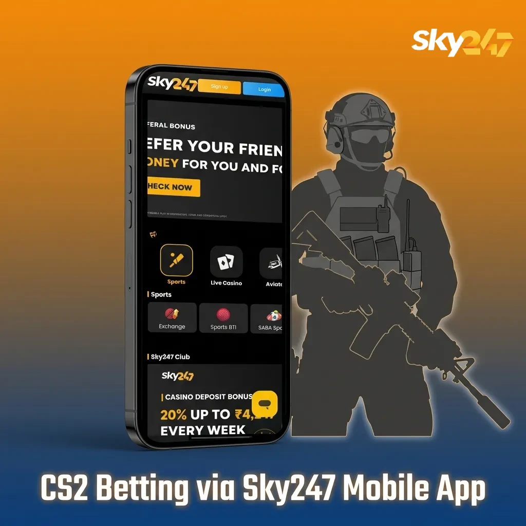 Phone screen showing Sky247 app CS2 betting markets, live odds and options in Hindi and English