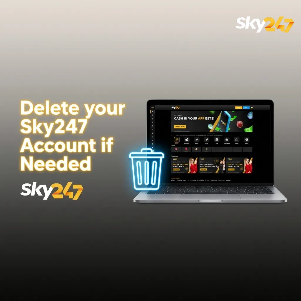 Illustration of a user navigating Sky247 account settings on a laptop to permanently delete or close their gaming account
