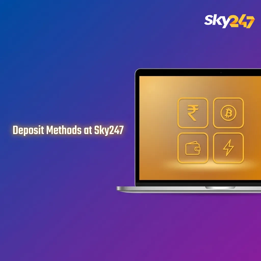 Illustration of Sky247 deposit screen showing UPI, net banking, card and wallet options with guided steps for adding funds