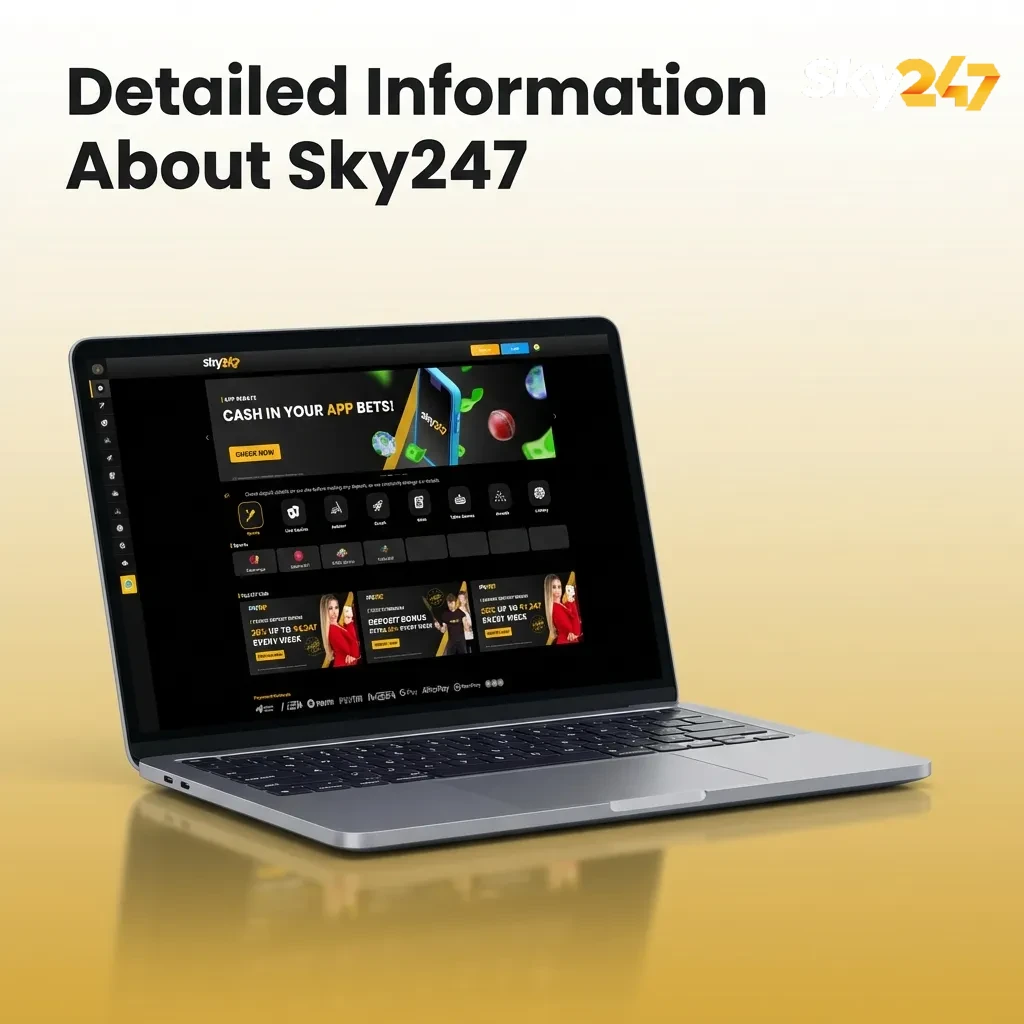 Sky247 betting platform interface showing Indian sports options, security icons, and mobile app screens for cricket and casino games