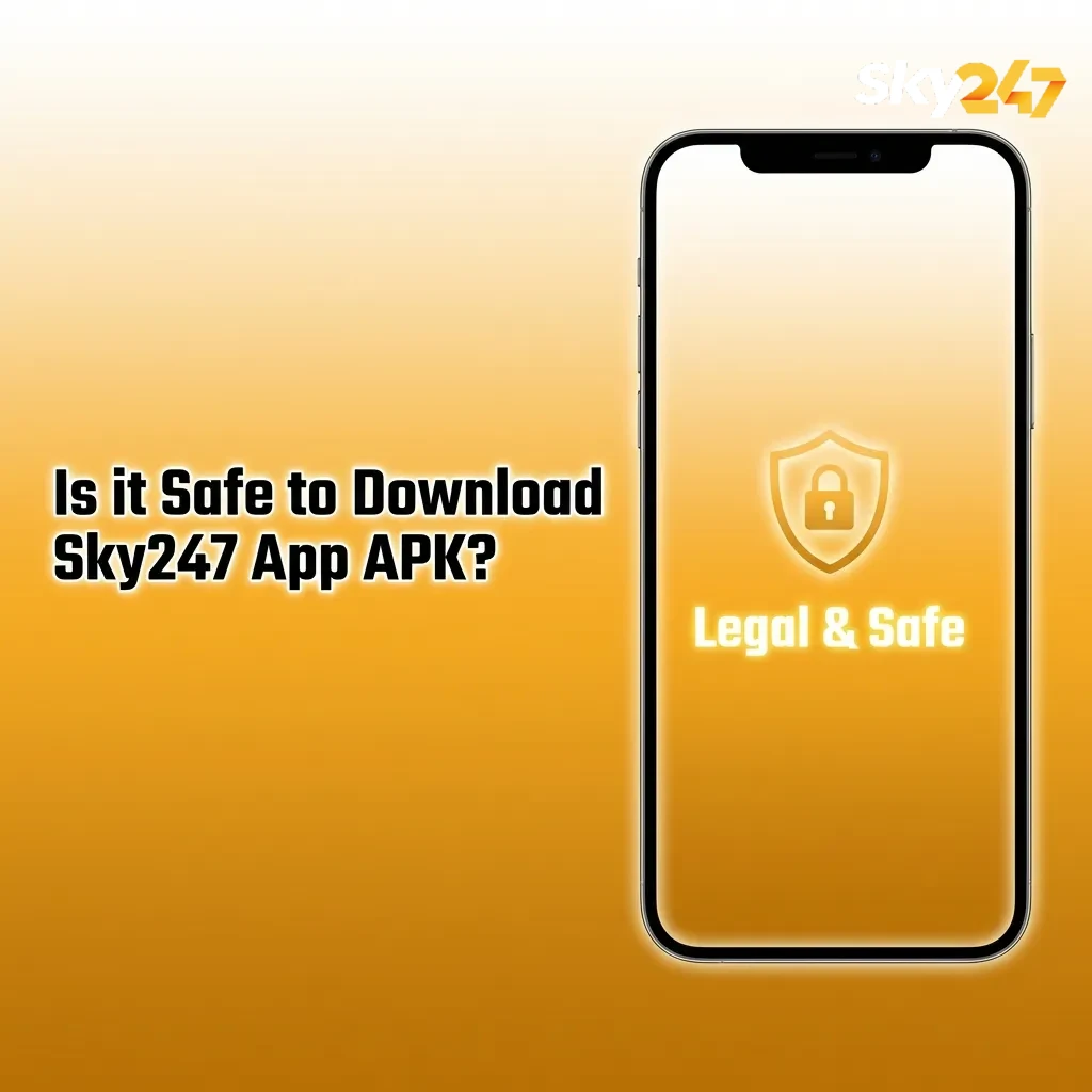 Illustration promoting the Sky247 app as safe, highlighting Curacao licence, SSL encryption and secure mobile betting environment