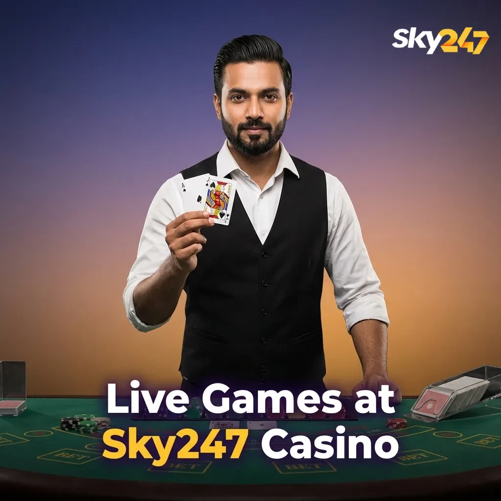 Sky247 live casino lobby with dealers hosting roulette, blackjack, baccarat, poker, TV games and Indian favourites tables