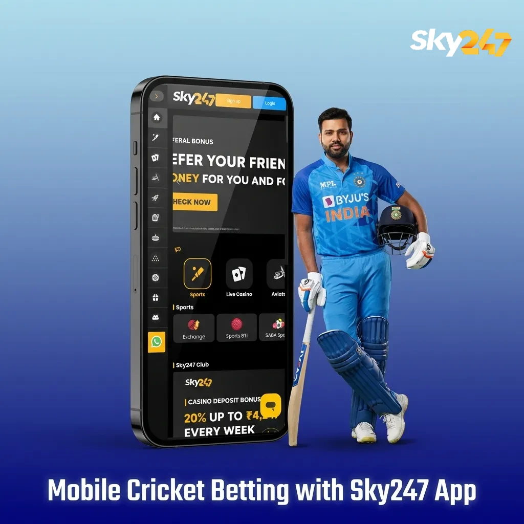 Hand holding phone with Sky247 cricket betting app showing live odds, matches and bet slip options on mobile screen.