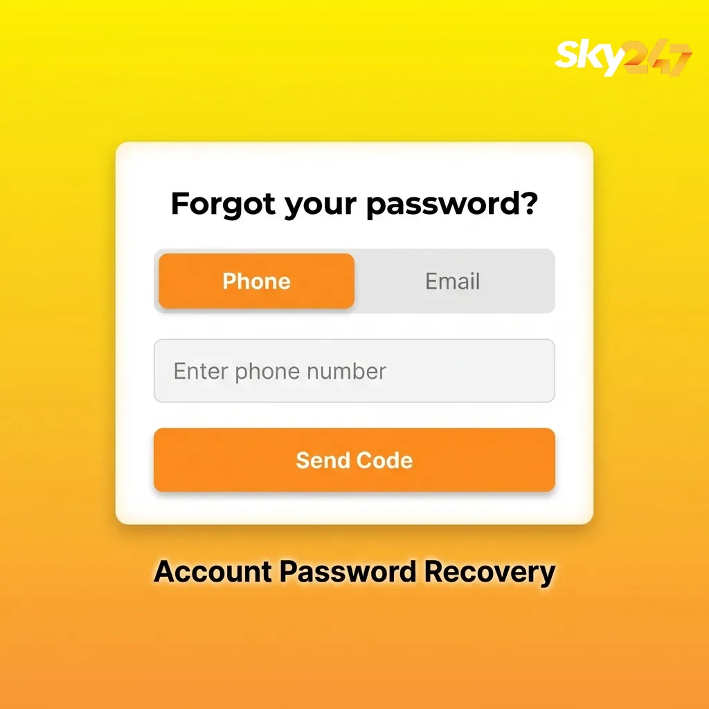 Illustration of Sky247 account password recovery steps with login page, OTP verification, and new password creation.