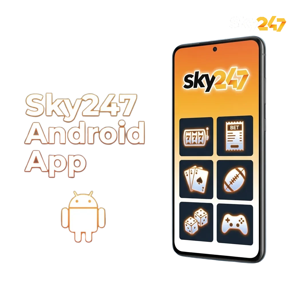 Person using the Sky247 Android betting and casino app on a smartphone, showing a fast, compact mobile interface