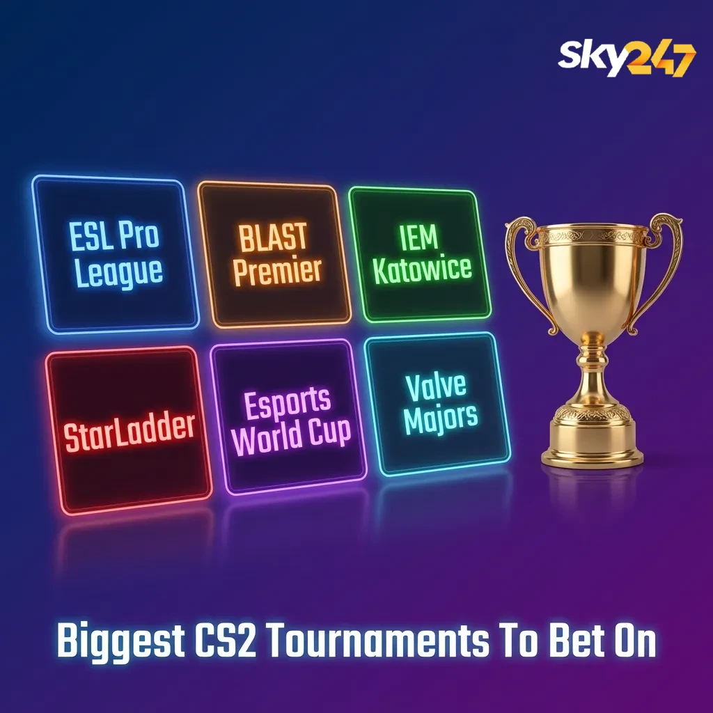 Collage of CS2 tournament logos and a betting slip overlay, highlighting major events like Valve Majors and ESL Pro League