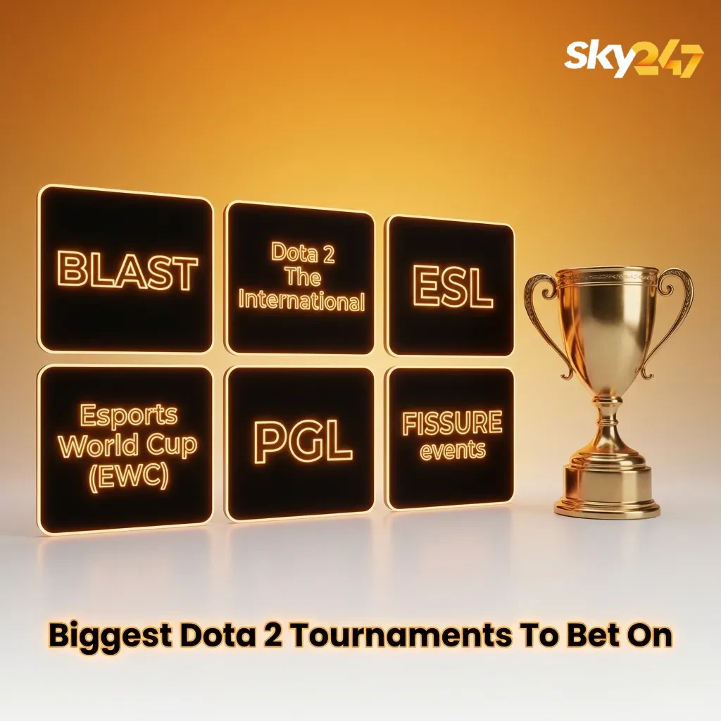 Graphic listing major Dota 2 tournaments like TI, BLAST, ESL, EWC, PGL and FISSURE with a betting theme backdrop.
