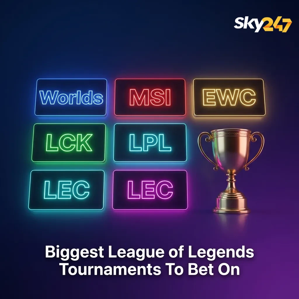 Graphic promoting major League of Legends tournaments to bet on with logos for Worlds, MSI, EWC, LCK, LPL, and LEC