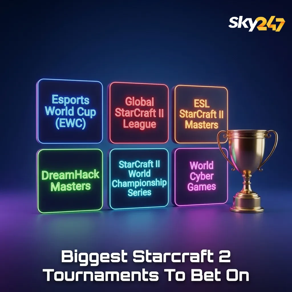 Collage of major StarCraft II tournaments with betting odds and matchups highlighted on a Sky247 betting interface