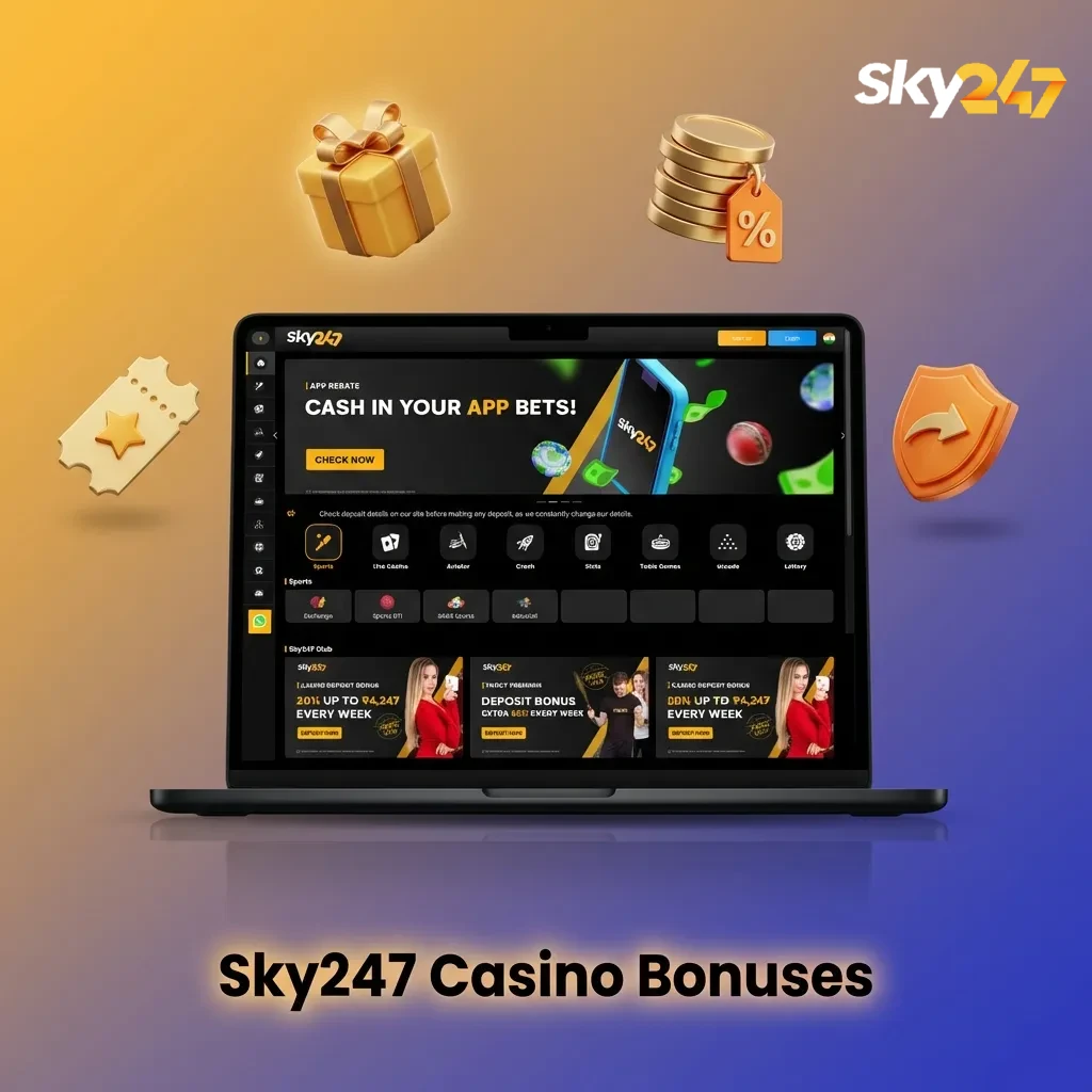 Sky247 Casino bonuses graphic highlighting cashback, reload bonus, free spins, and live casino table offers