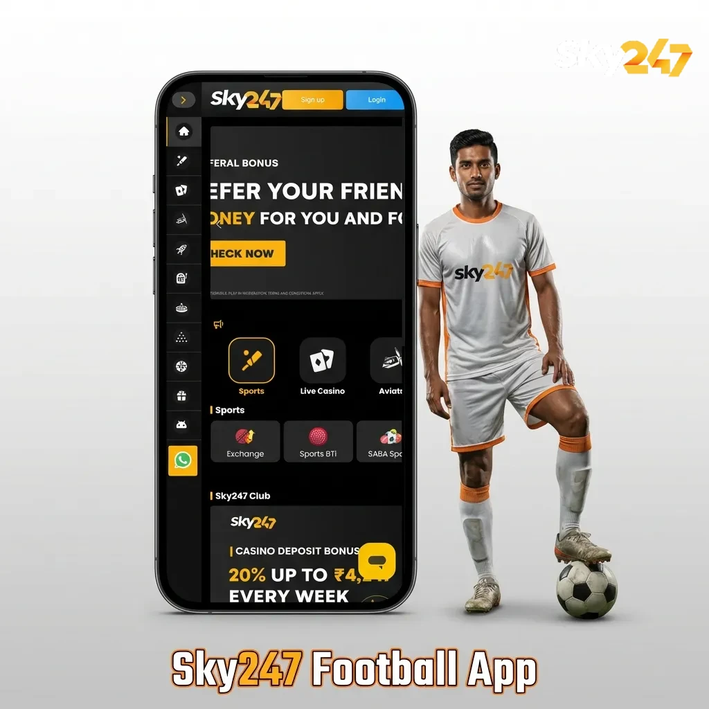 Phone screen showing the Sky247 football betting app with live odds, in-play markets, and betslip options for Indian users