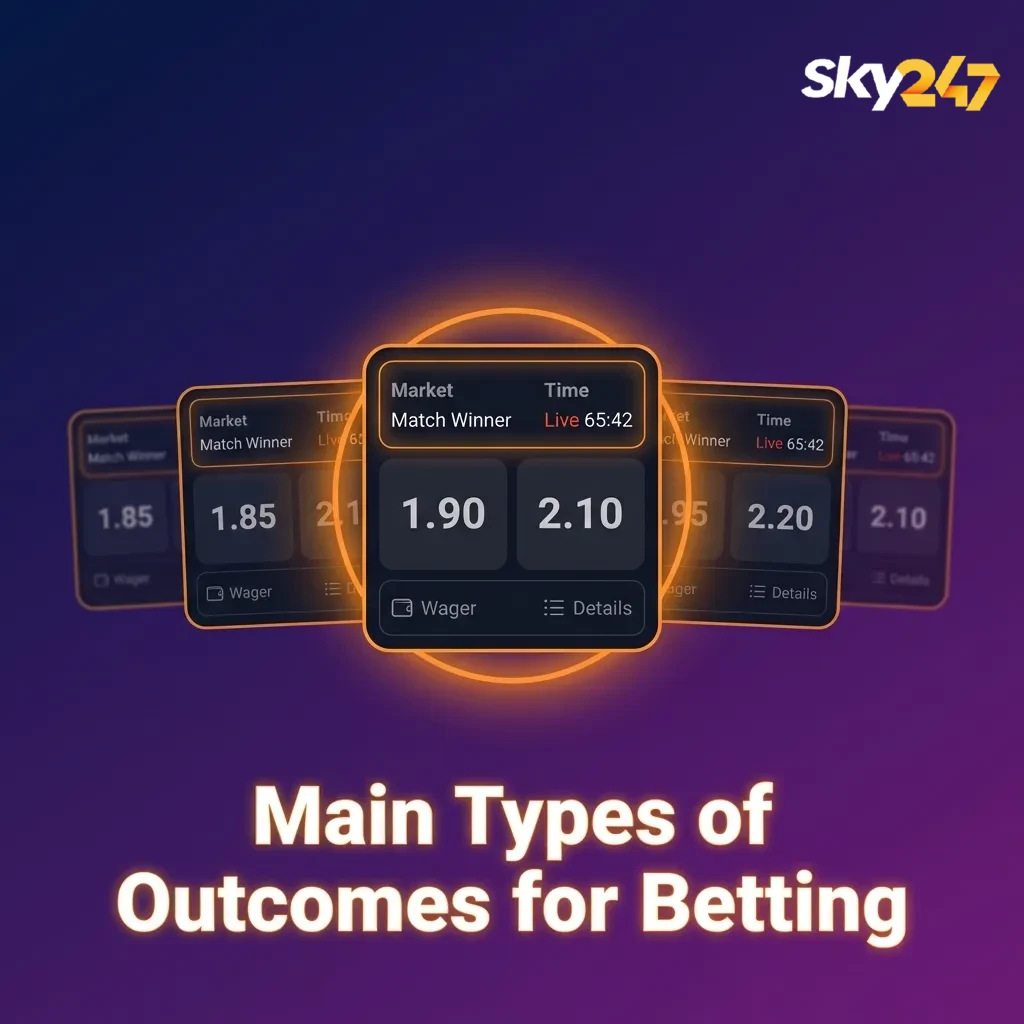 Infographic of main betting outcome types: match winner, totals, handicap, both teams to score, player performance.