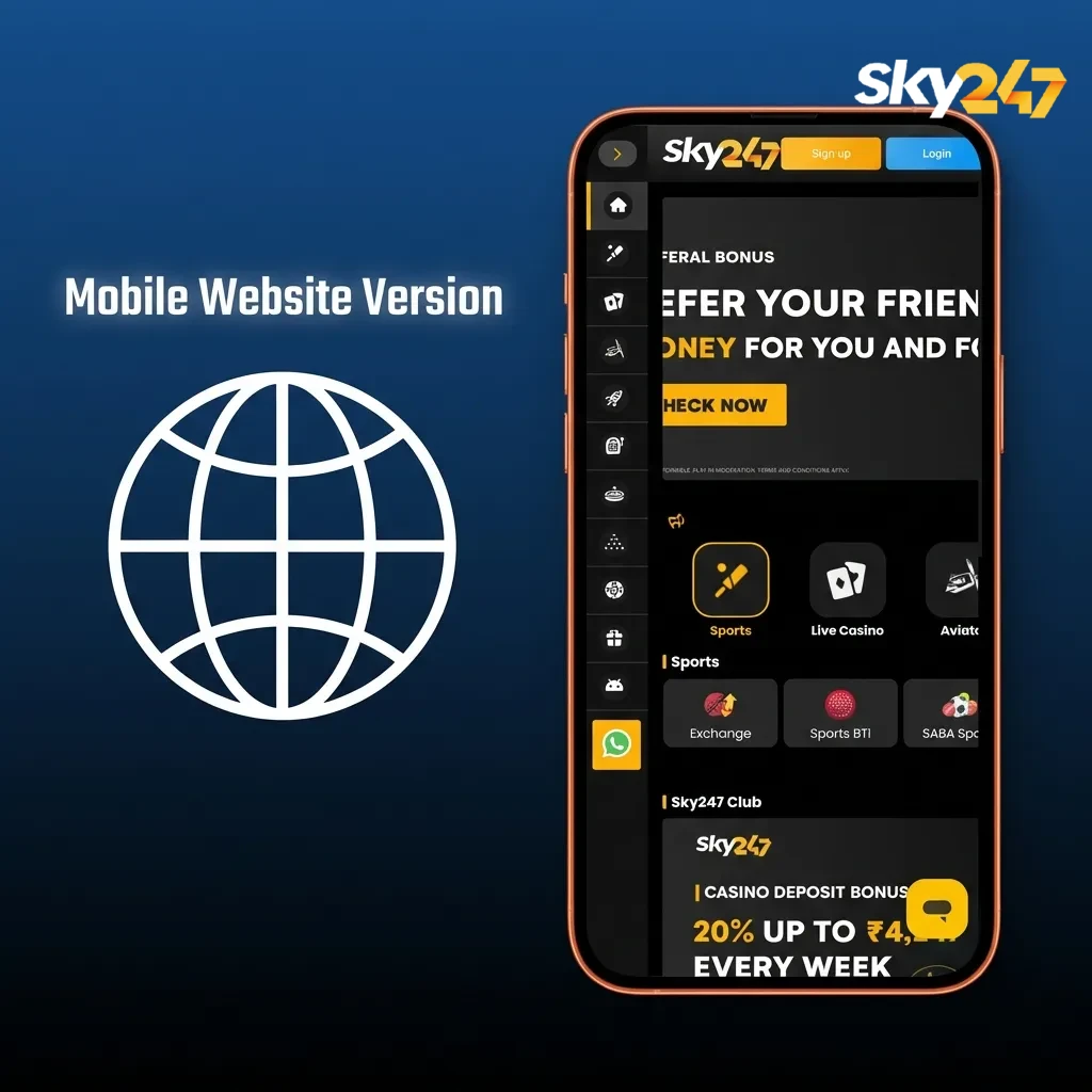 Hand holding phone showing Sky247 India mobile site with live odds, betslip, and casino games in a responsive layout.