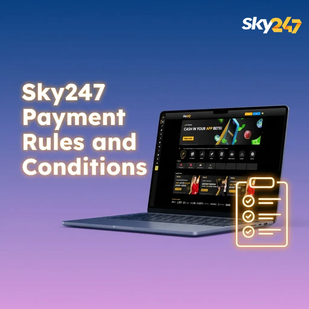 Infographic titled “Sky247 Payment Rules” outlining KYC, name match, method, limits, and bonus wagering conditions for India.
