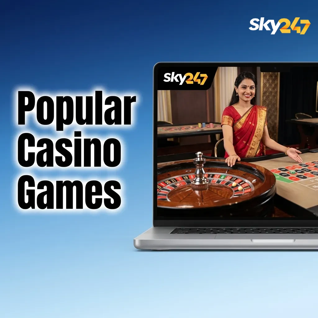 Collage of popular Sky247 casino games including live Andar Bahar, roulette, Teen Patti, crash, slots and TV-style wheel.