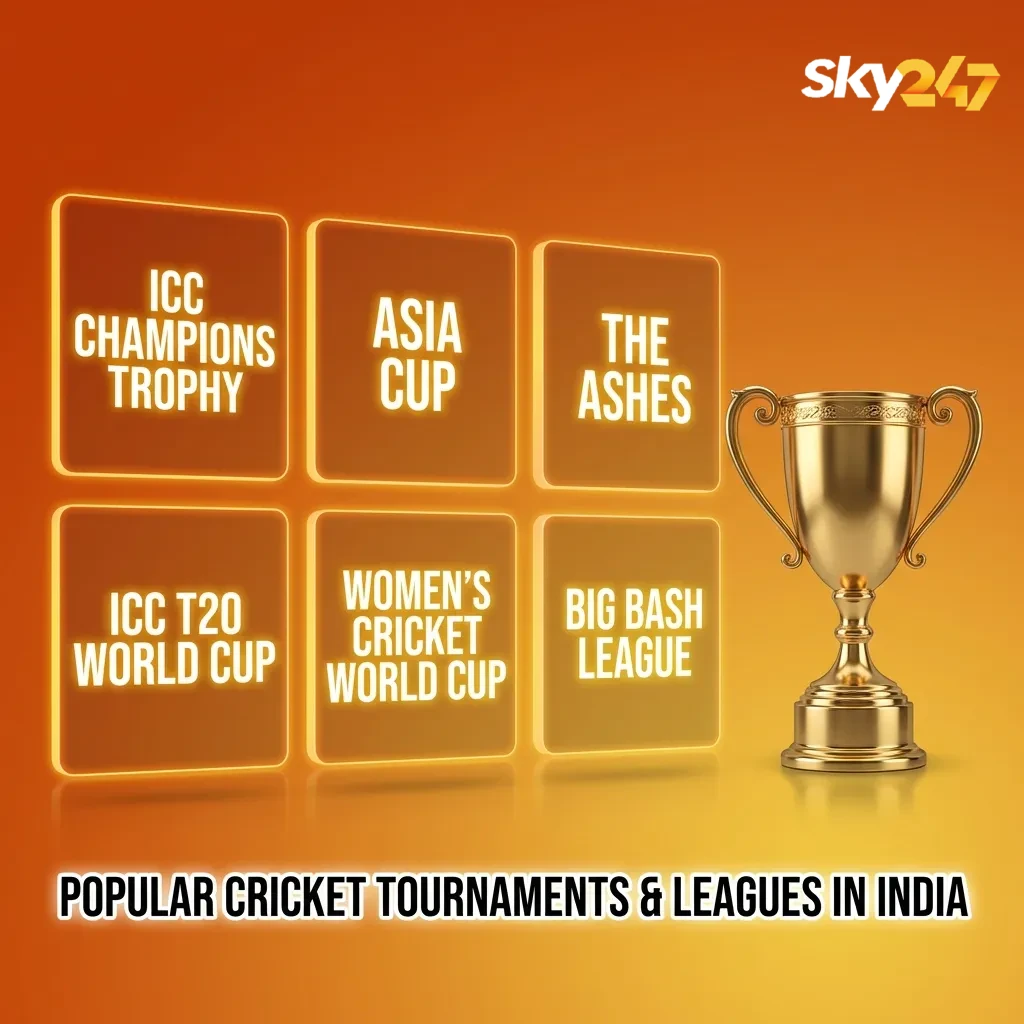 Graphic titled “Popular Cricket Tournaments & Leagues in India” showing World Cups, IPL, Tests and online betting options.