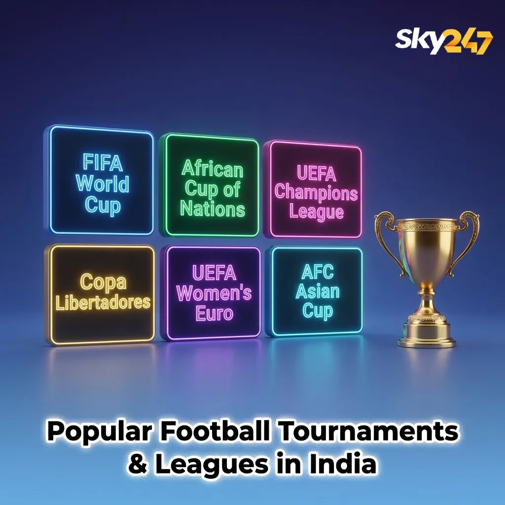 Graphic titled “Popular Football Tournaments & Leagues in India” showing global cups, European leagues and ISL on a betting website