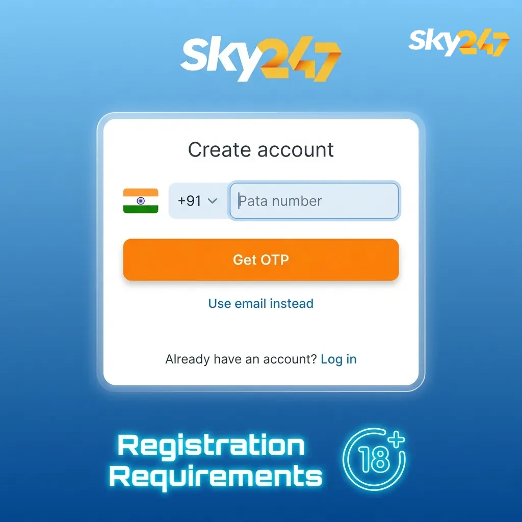 Illustrated checklist of Sky247 registration rules: age 18+, one account, accurate Indian KYC details, and ID documents.