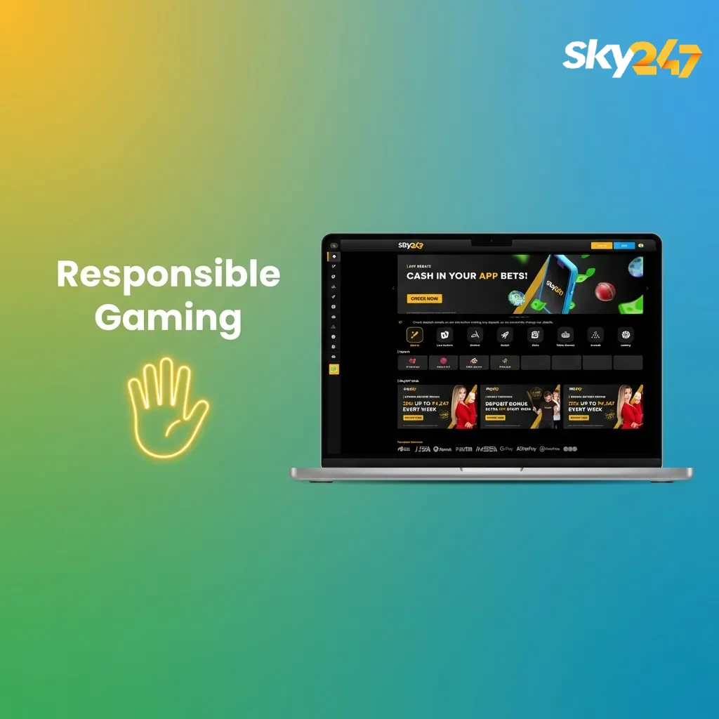 Illustration of a person betting online responsibly, tracking time and money, with calm icons for limits, breaks, and self‑exclusion