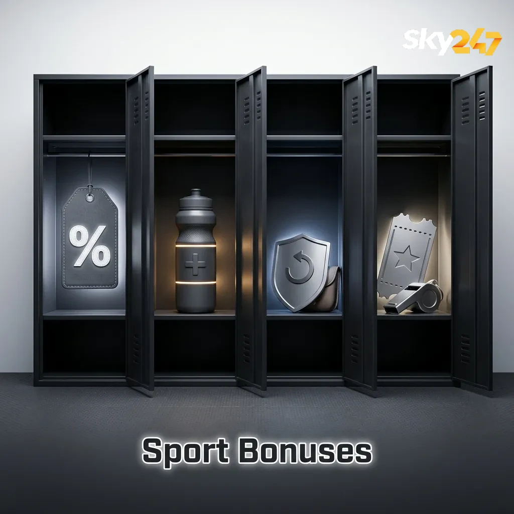 Colorful “Sport Bonuses” banner with icons for cashback, reload, free bets, and cricket offers around betting symbols