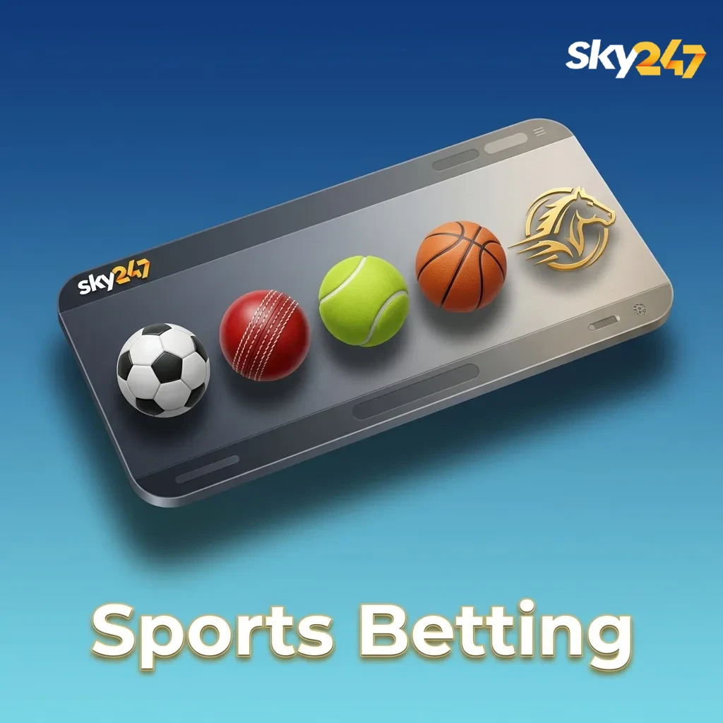 Sports betting platform interface showing odds and icons for cricket, football, tennis, kabaddi, basketball, esports, and more
