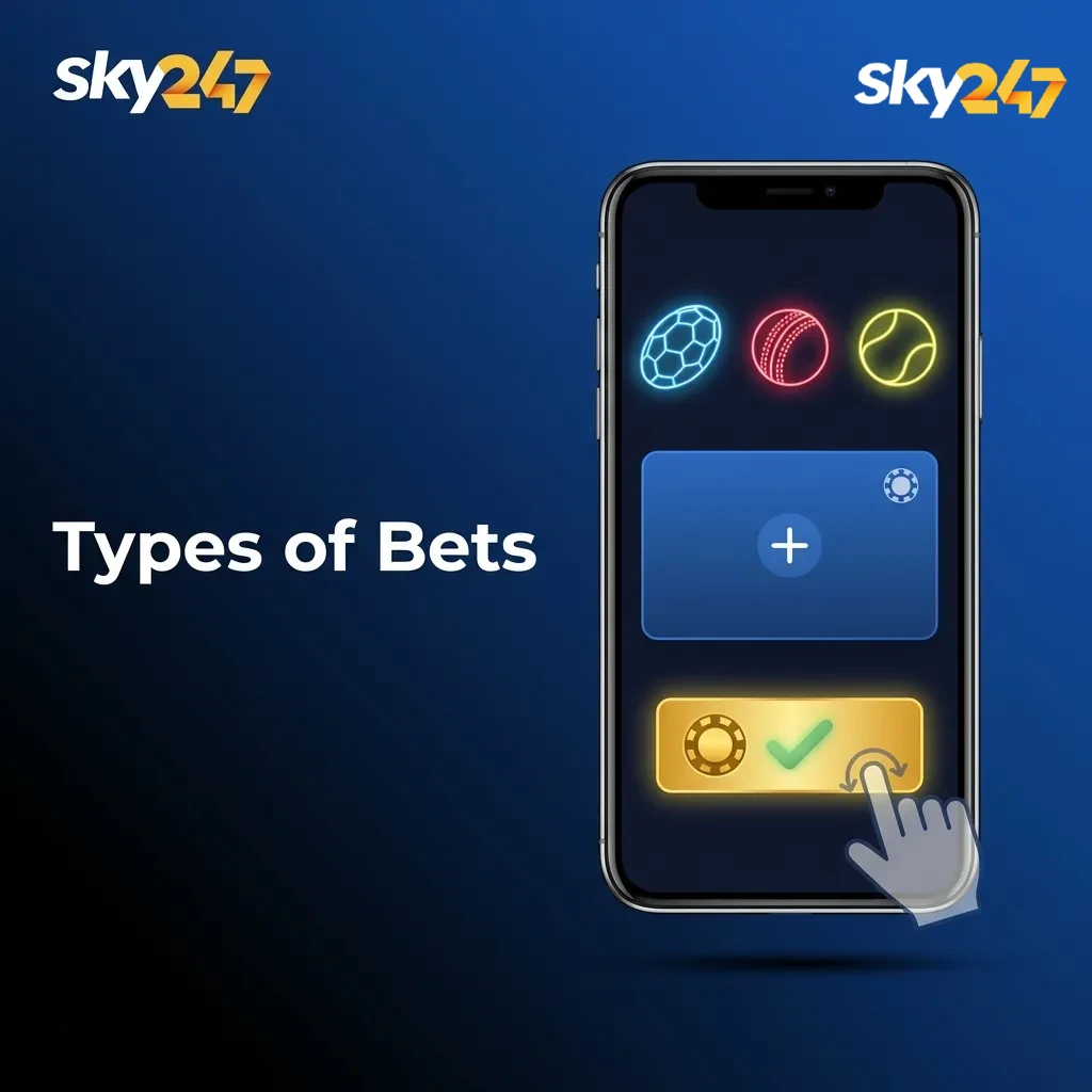 Infographic titled “Types of Bets” explaining single, express, and system bets with brief descriptions and icons