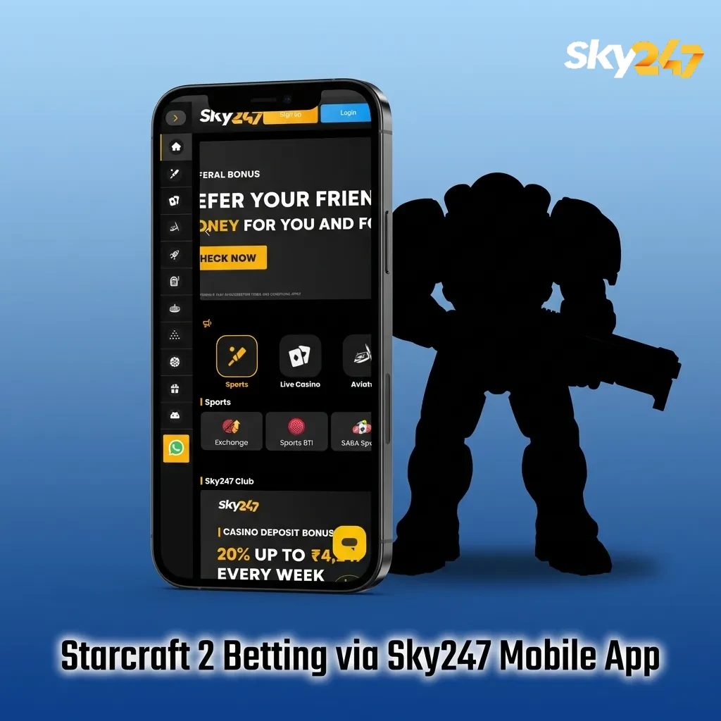 Phone showing Sky247 app with StarCraft II betting markets and live odds, held in hand against an esports-themed background