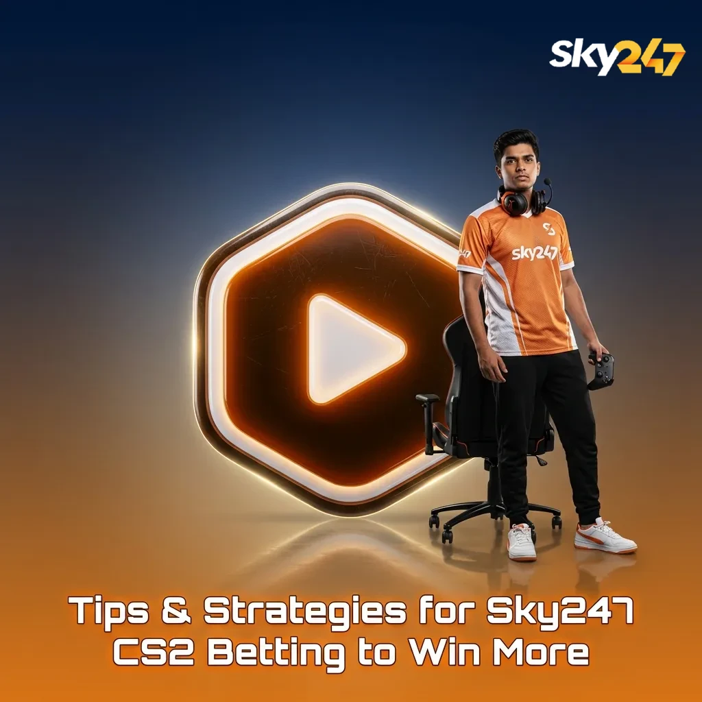 Graphic titled “Tips & Strategies for Sky247 CS2 Betting to Win More” with bullet points on bankroll, maps, odds, and records.