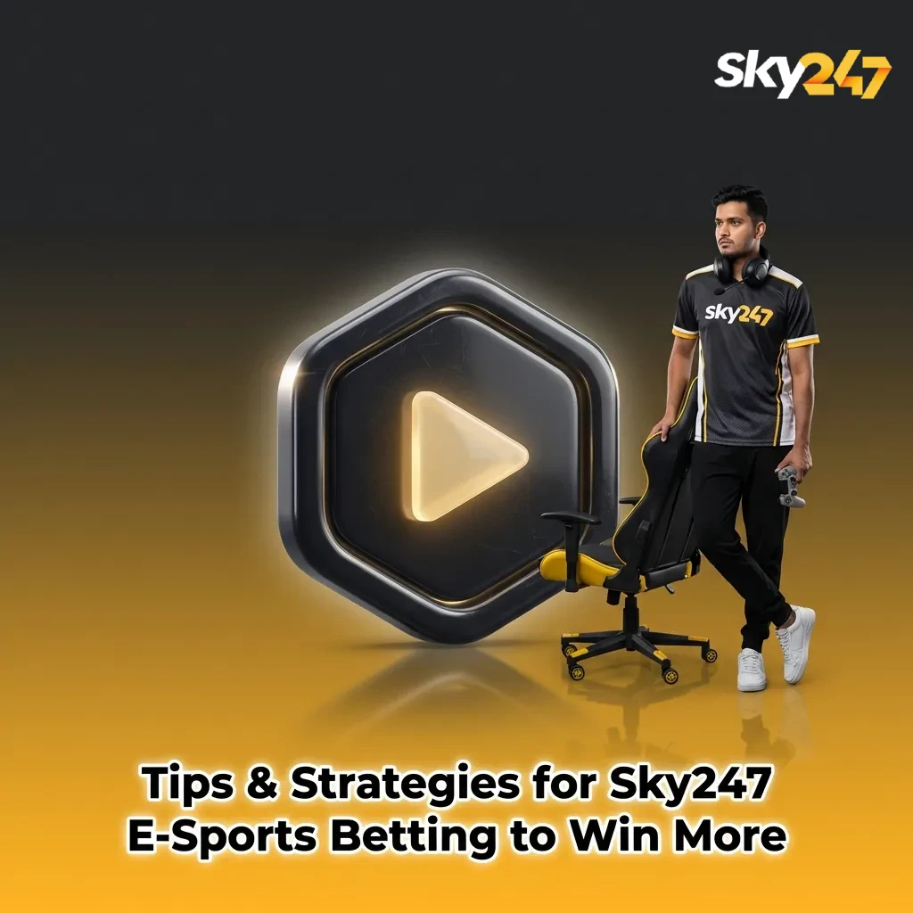 Infographic on Sky247 esports betting tips covering bankroll, research, odds comparison, game focus, and emotional control