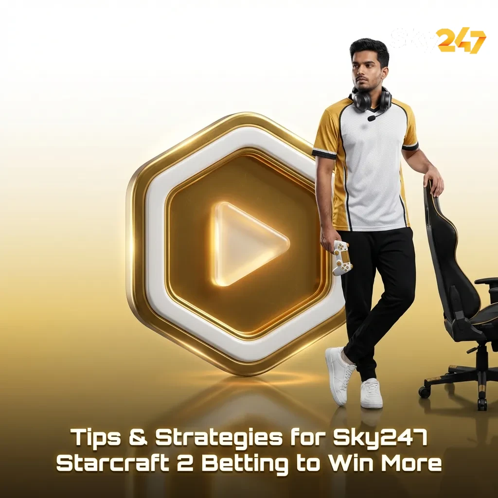 Graphic titled “Tips & Strategies for Sky247 StarCraft 2 Betting” with icons for bankroll, stats, maps, and live odds