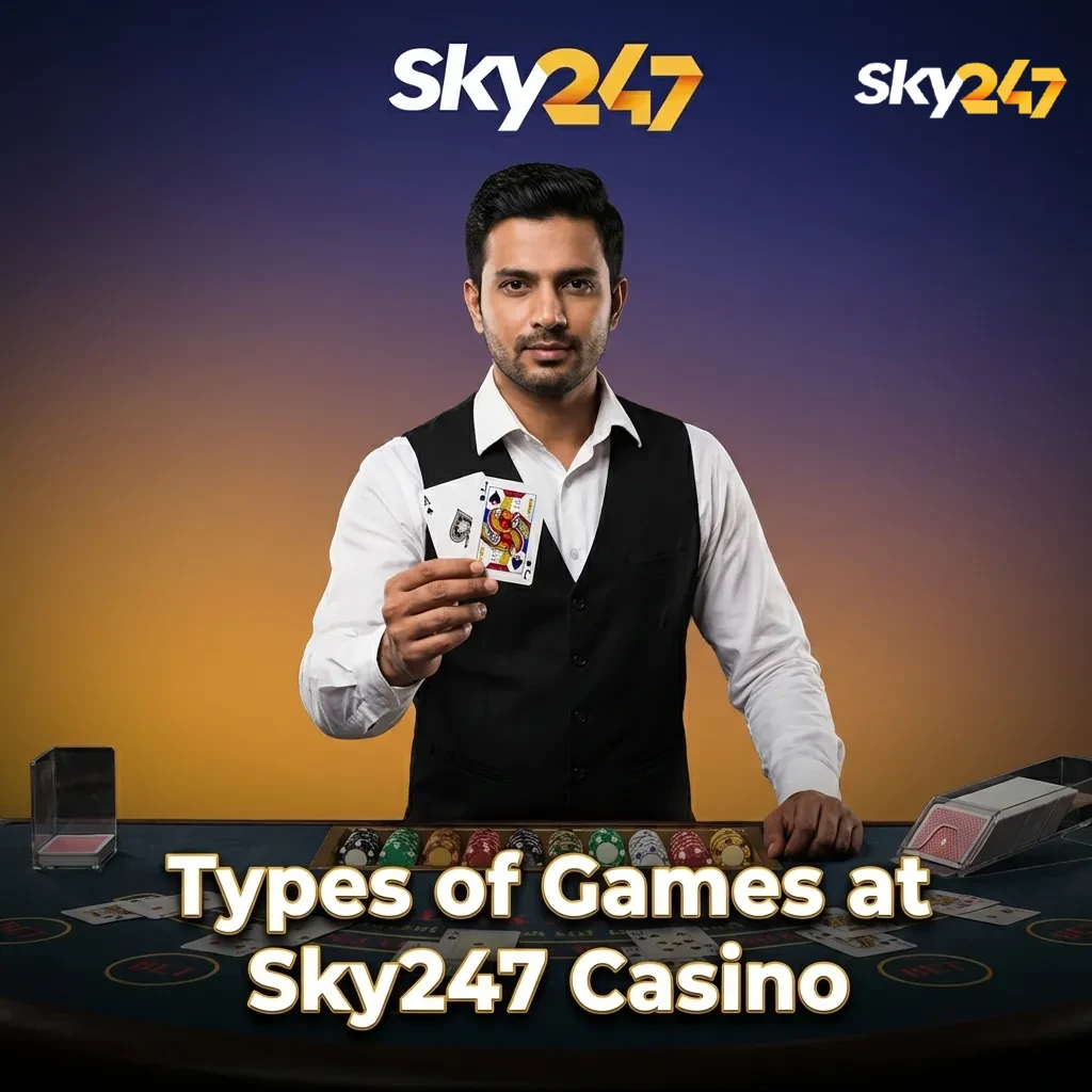 Sky247 Casino games collage showing slots, crash, tables, card, jackpot and instant win options for Indian players