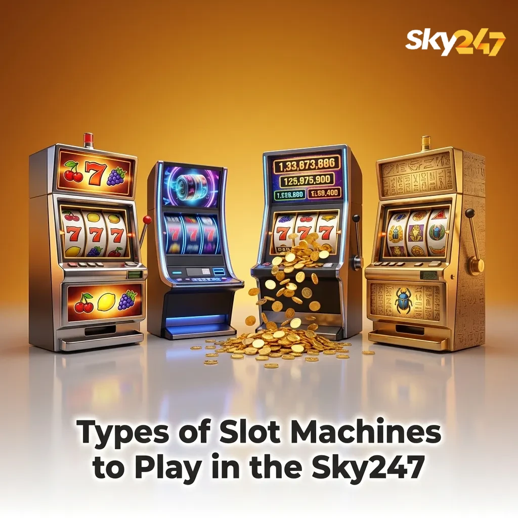 Sky247 casino lobby graphic showing icons for classic, video, Megaways, jackpot, crash, and feature-buy slot machines