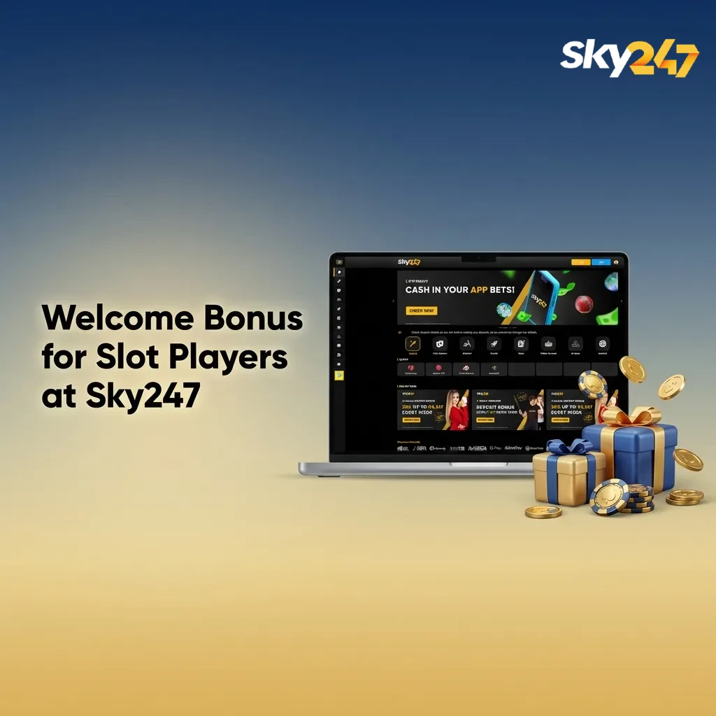 Colorful Sky247 slot welcome bonus banner showing 100% first deposit offer in rupees for new India players