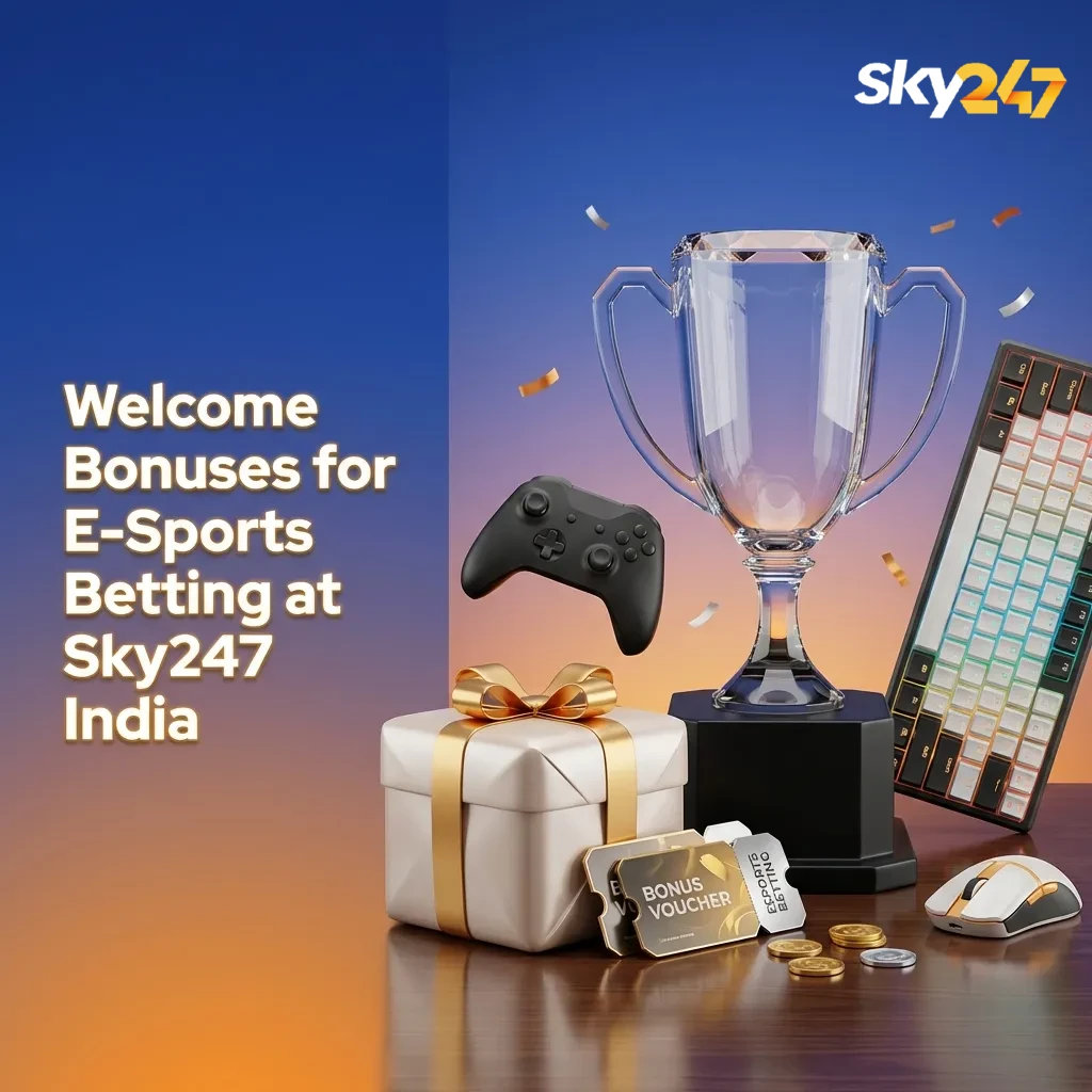 Sky247 India welcome bonus banner showing 24% esports cashback offer up to ₹10,247 for new bettors
