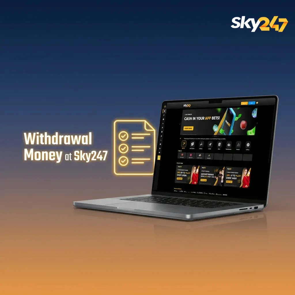 User on Sky247 withdrawal page on laptop, selecting payment method and entering amount to transfer to Indian bank account