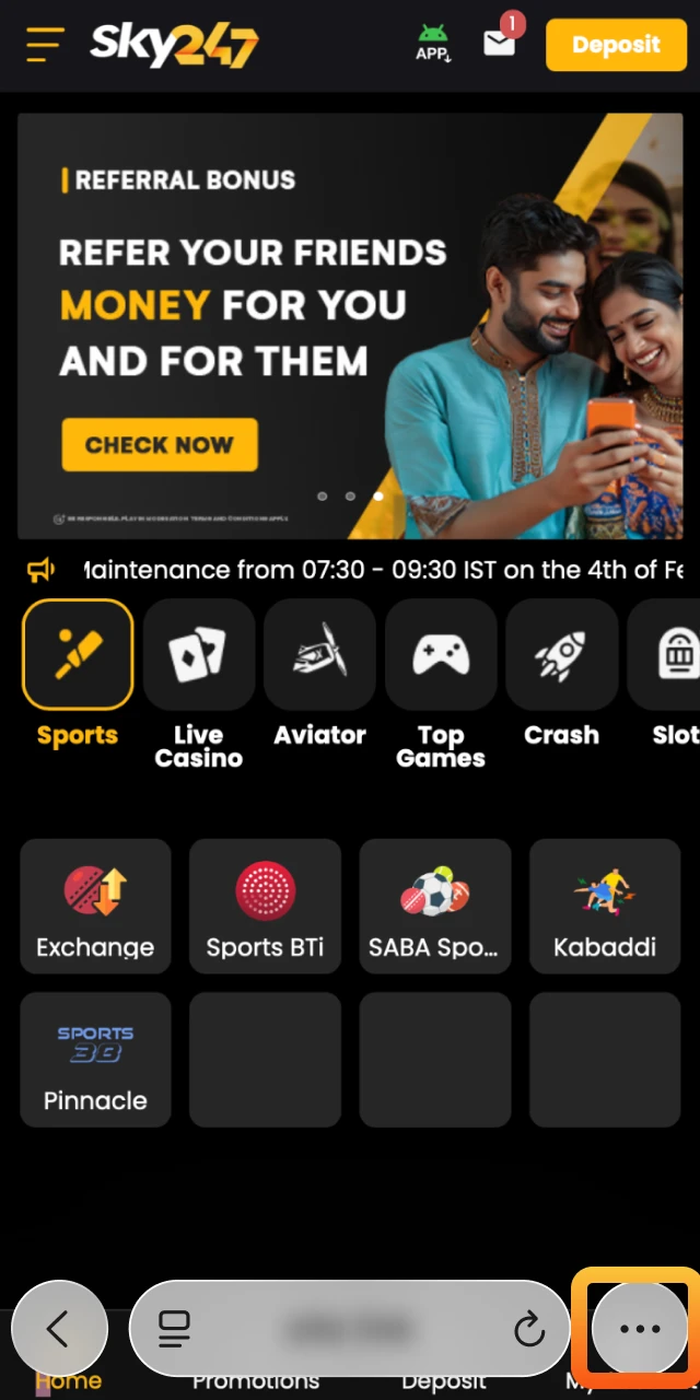 Sky247 Website in Safari.