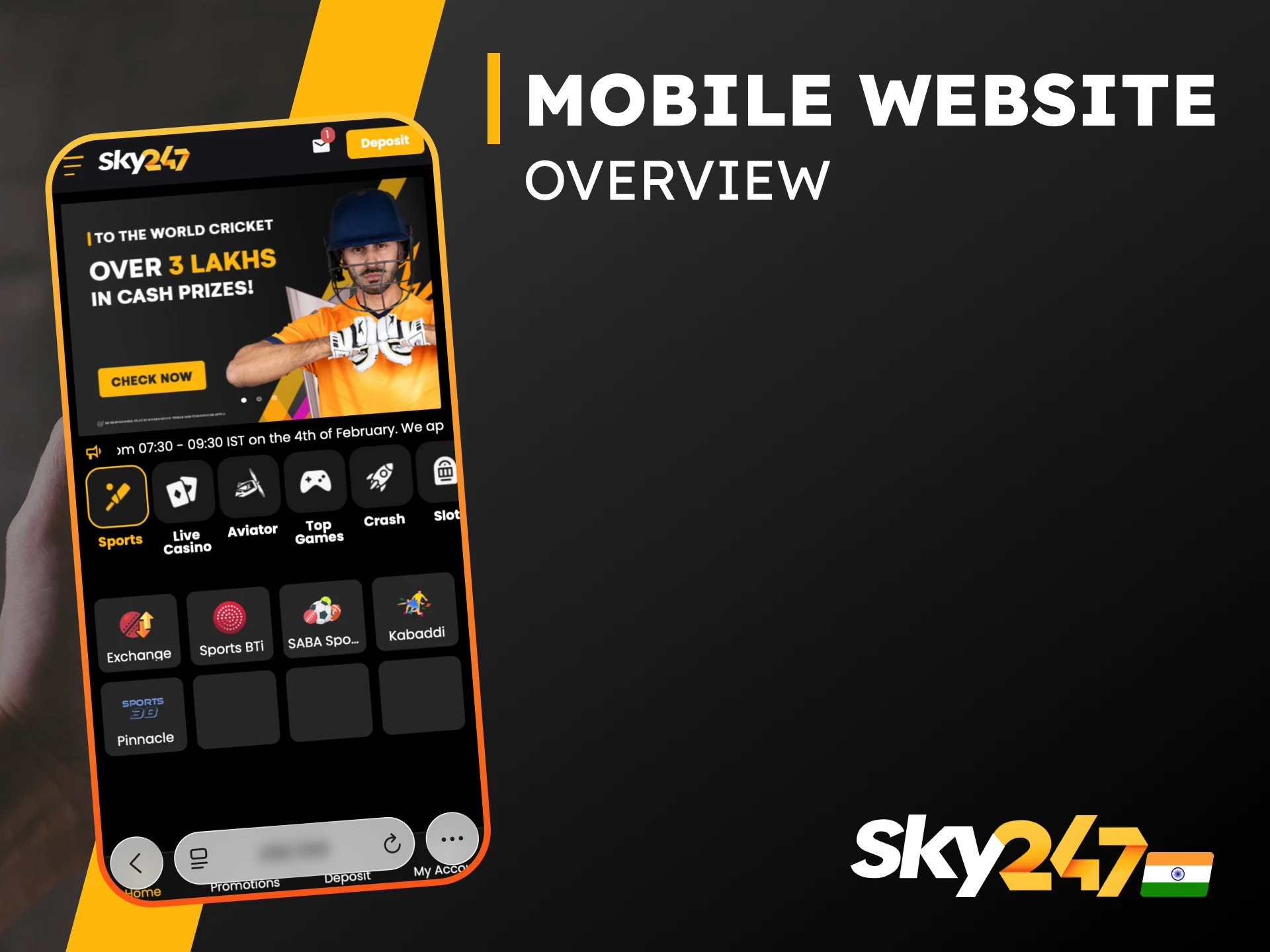 Sky247 Mobile Website Overview.