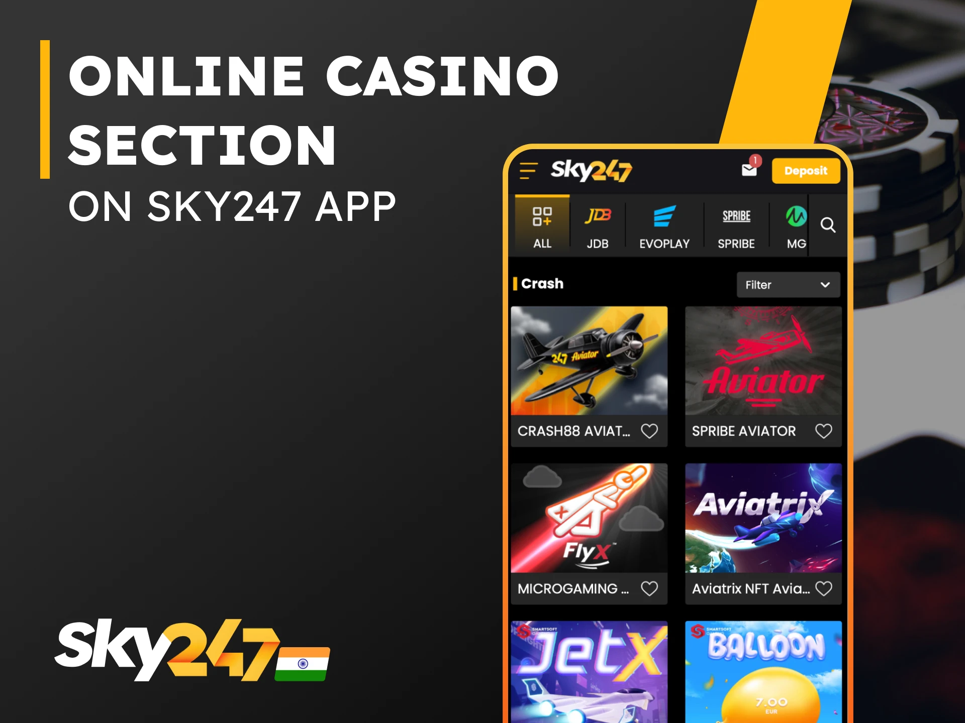 Online Casino Section on Sky247 App.