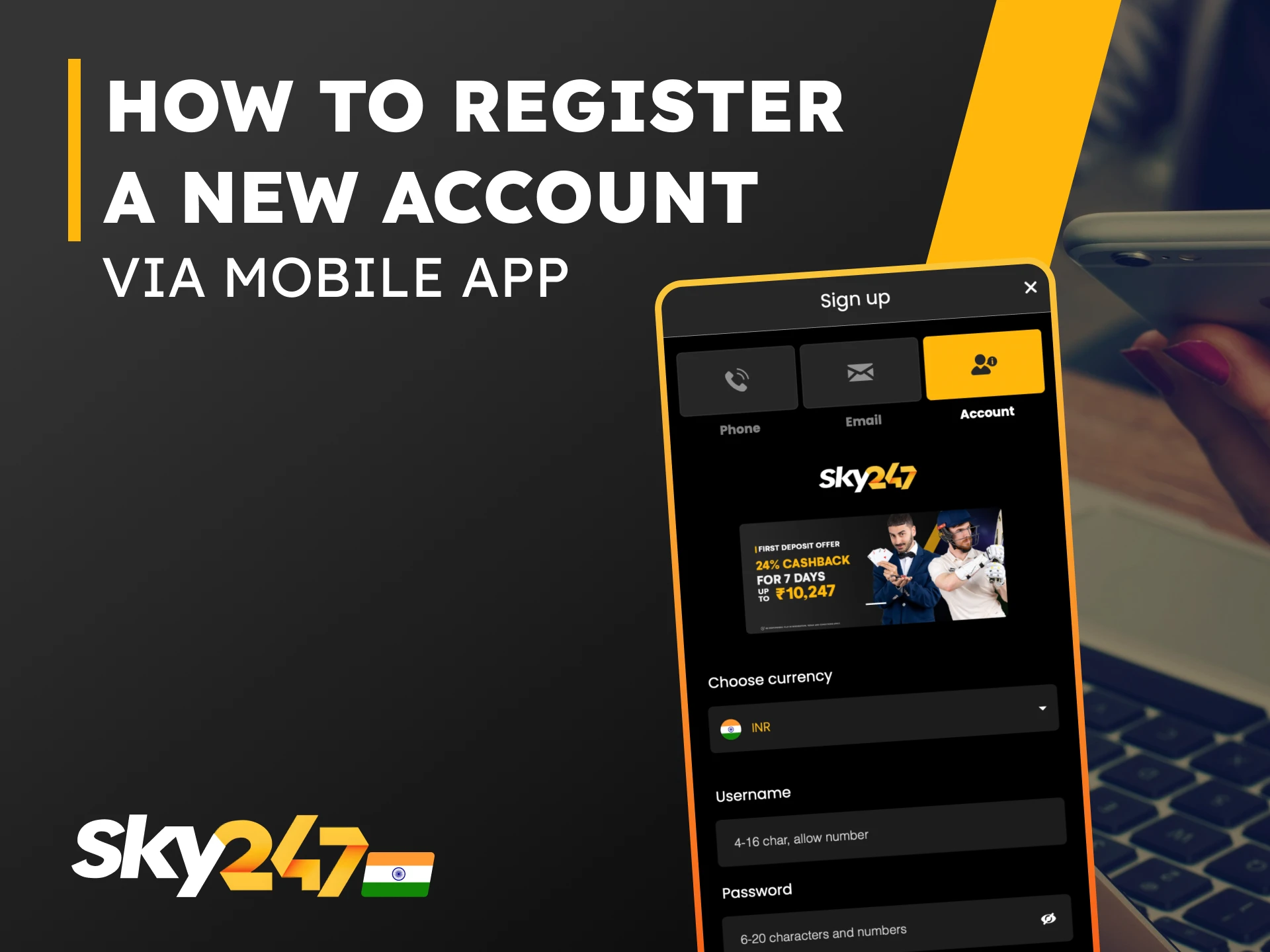 Register a New sky247 Account via Mobile App.